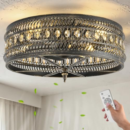 Vintage Crystal Caged Ceiling Fan with Light, Farmhouse Flush Mount Fandelier with Remote Control, Industrial Low Profile Ceiling Fan for Bedroom Living Room Dining Room - Image 4