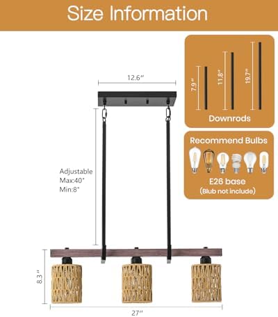 3-Light Kitchen Island Light Fixture, Linear Chandelier for Dining Room, Rustic Pendant Light Over Table, Handmade Woven Farmhouse Wicker Chandelier, Dark Wood Finish for Kitchen Island - Image 5