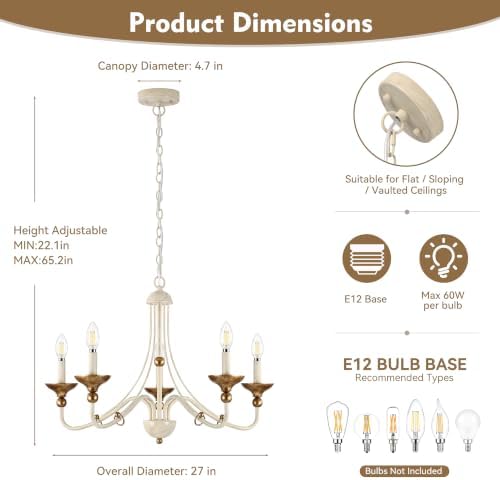 Sigaitwei 5‑Light French Country Candle Chandelier, Distressed Off‑White with Antique‑Gold Accents, Pendant Hanging Light Fixture for Dining Room, Foyer, Bedroom, E12 Base - Image 7