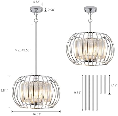 Modern Farmhouse Large Pendant Light, 16.5 Inch Chrome Crystal Chandelier - Image 4