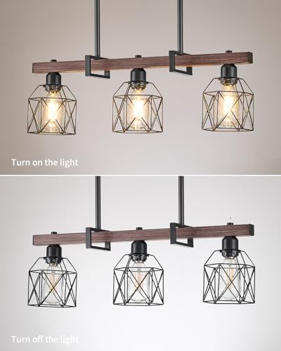 Industrial Pendant Light Fixture, 3-Light Kitchen Island Lighting with Wood Grain Bar and Black Metal Cage, Farmhouse Rustic Hanging Ceiling Lamp for Dining Room, Living Room - Image 3