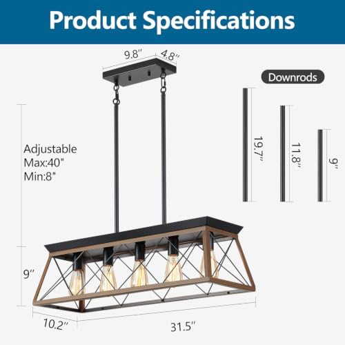 5-Light Farmhouse Dining Chandelier, White Brushed Black & Wood Grain Finish, Height Adjustable, Island Light Fixture for Dining Table, Kitchen and Entryway - Image 5