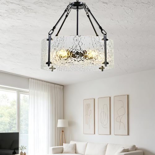 Modern 5-Light Drum Chandelier, Black Metal Frame Textured Glass Pendant Light Fixture, Industrial Farmhouse Ceiling Light for Dining Room, Living Room, Kitchen Island, E26 Base - Image 3