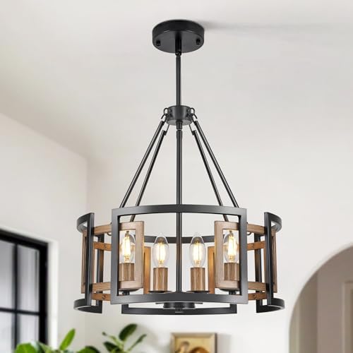 4-Light Drum Chandelier for Dining Room,15.7" Rustic Farmhouse Dining Room Light Fixture,Wood Grain and Vintage Black Metal Chandeliers for Kitchen Entryway Living Room - Image 2