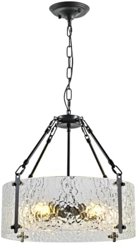 Modern 5-Light Drum Chandelier, Black Metal Frame Textured Glass Pendant Light Fixture, Industrial Farmhouse Ceiling Light for Dining Room, Living Room, Kitchen Island, E26 Base - Image 4