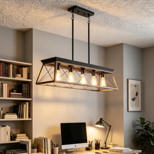 5-Light Farmhouse Dining Chandelier, White Brushed Black & Wood Grain Finish, Height Adjustable, Island Light Fixture for Dining Table, Kitchen and Entryway - Image 4