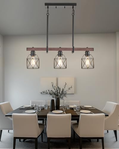 Industrial Pendant Light Fixture, 3-Light Kitchen Island Lighting with Wood Grain Bar and Black Metal Cage, Farmhouse Rustic Hanging Ceiling Lamp for Dining Room, Living Room - Image 4