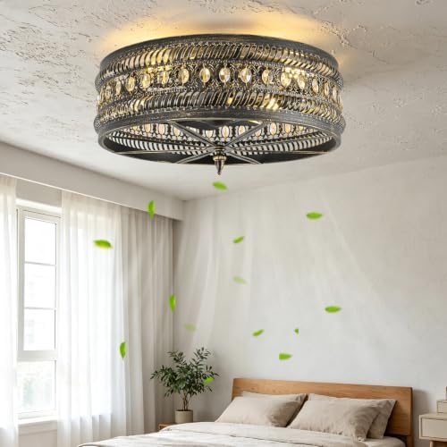 Vintage Crystal Caged Ceiling Fan with Light, Farmhouse Flush Mount Fandelier with Remote Control, Industrial Low Profile Ceiling Fan for Bedroom Living Room Dining Room - Image 3