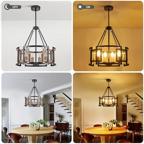 4-Light Drum Chandelier for Dining Room,15.7" Rustic Farmhouse Dining Room Light Fixture,Wood Grain and Vintage Black Metal Chandeliers for Kitchen Entryway Living Room - Image 6