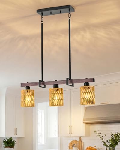 3-Light Kitchen Island Light Fixture, Linear Chandelier for Dining Room, Rustic Pendant Light Over Table, Handmade Woven Farmhouse Wicker Chandelier, Dark Wood Finish for Kitchen Island - Image 2