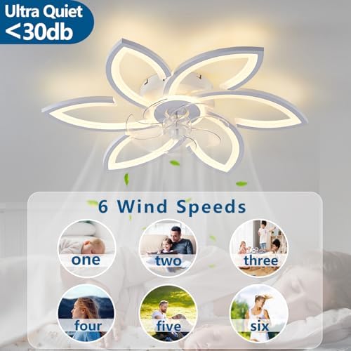 Modern 30" Ceiling Fan with Light, Low Profile Flush Mount Fandelier, Dimmable LED Ceiling Fan with Remote, 6-Speed Quiet Motor, Flower Design for Bedroom Living Room Kitchen (White) - Image 4