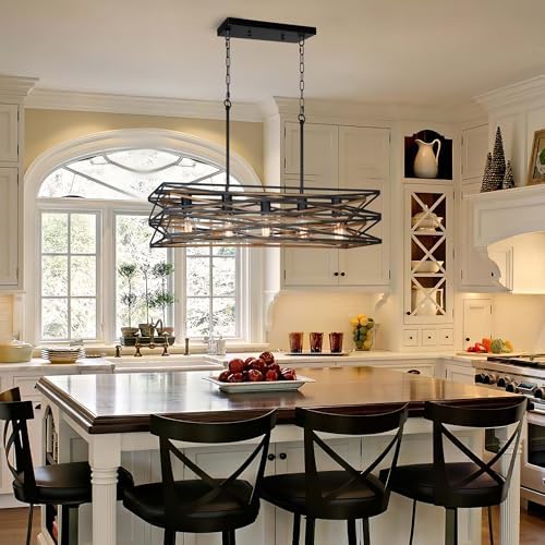5-Light Linear Chandelier and 3-Light Drum Chandelier,Kitchen Island Lighting,Industrial Chandelier for Dining Room with Retro Wood Texture Interior - Image 4