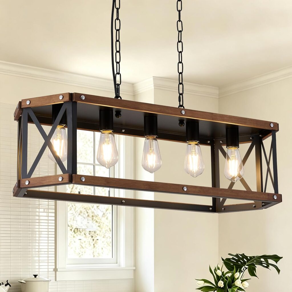 5-Light Farmhouse Rectangle Island Light, Rustic Dining Room Light Fixture