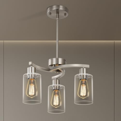 Sigaitwei 3 Light Brushed Nickel Modern Pendant Light, 16.5" Kitchen Island Lighting with Clear Glass Shade, Adjustable Dining Room Chandelier Over Table, Farmhouse Industrial Hanging Fixture - Image 2