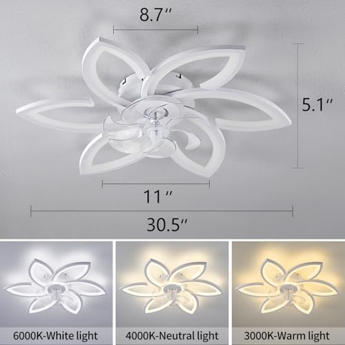 Modern 30" Ceiling Fan with Light, Low Profile Flush Mount Fandelier, Dimmable LED Ceiling Fan with Remote, 6-Speed Quiet Motor, Flower Design for Bedroom Living Room Kitchen (White) - Image 5