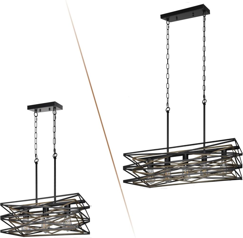 Kitchen Island Lighting,Industrial Chandelier for Dining Room Over Table Kitchen Bar,Linear Chandelier with Retro Wood Texture Interior