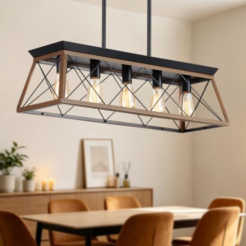 5-Light Farmhouse Dining Chandelier, White Brushed Black & Wood Grain Finish, Height Adjustable, Island Light Fixture for Dining Table, Kitchen and Entryway - Image 2