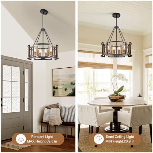 4-Light Drum Chandelier for Dining Room,15.7" Rustic Farmhouse Dining Room Light Fixture,Wood Grain and Vintage Black Metal Chandeliers for Kitchen Entryway Living Room - Image 4