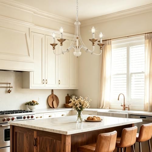 Sigaitwei 5‑Light French Country Candle Chandelier, Distressed Off‑White with Antique‑Gold Accents, Pendant Hanging Light Fixture for Dining Room, Foyer, Bedroom, E12 Base - Image 4