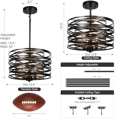 Sigaitwei 3-Light Dining Room Chandelier,12.6" Rustic Black Drum Chandeliers,Wood Grain and Vintage Light Fixture for Kitchen Entryway Living Room - Image 6