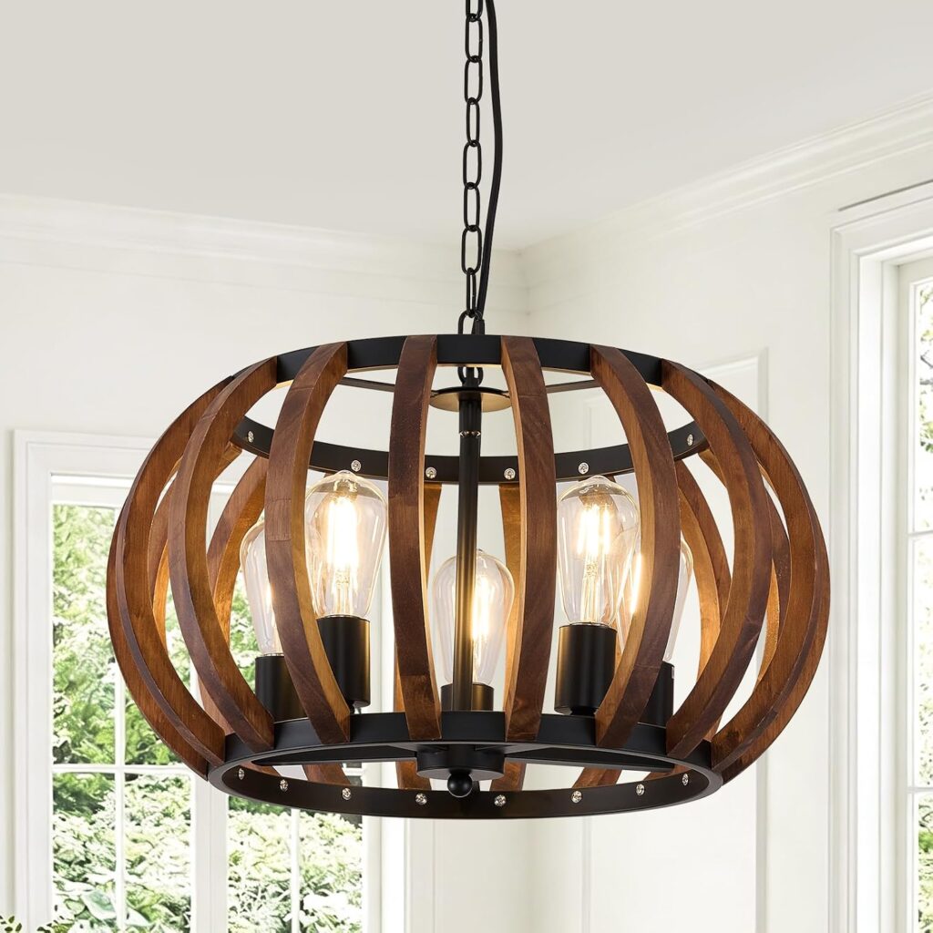 20 Inch Wood Farmhouse Chandelier, 5-Light Round Dining Room Light Fixture
