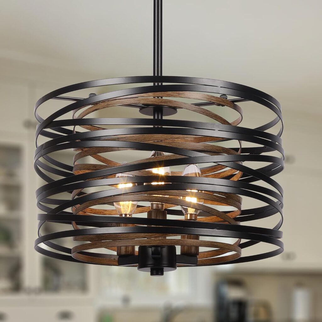 Sigaitwei 3-Light Dining Room Chandelier，12.6" Rustic Black Drum Chandeliers，Wood Grain and Vintage Light Fixture for Kitchen Entryway Living Room