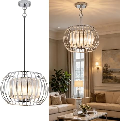 Modern Farmhouse Large Pendant Light, 16.5 Inch Chrome Crystal Chandelier - Image 2